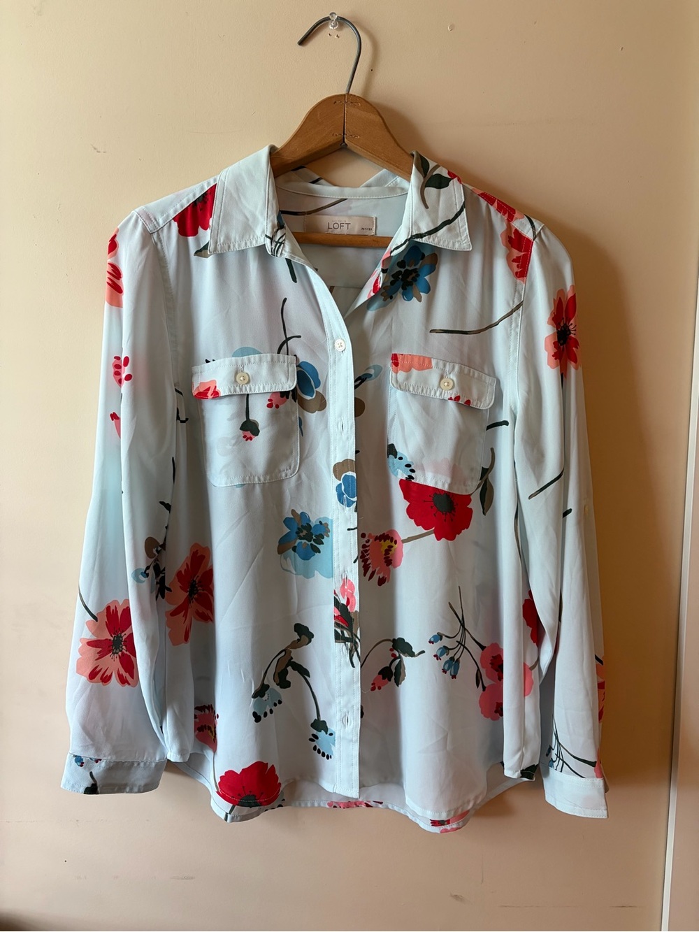LOFT Light Blue Floral Button-Up Blouse